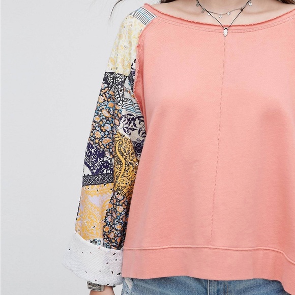 Free People Suns Out Off Shoulder Pullover Patchwork Block Print Sweatshirt XS - Picture 15 of 16